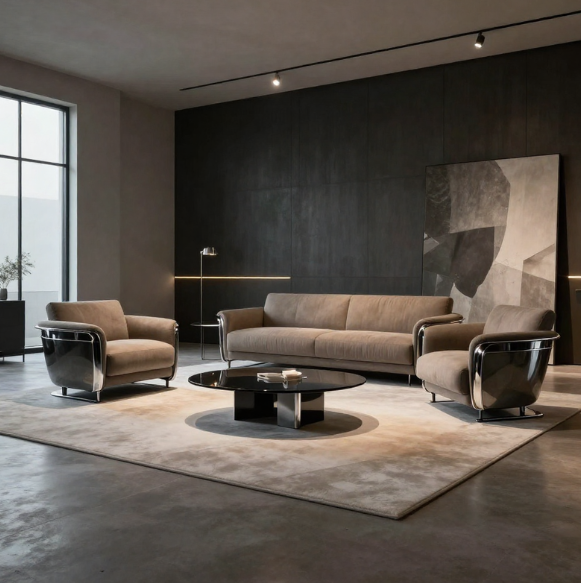 Picture showing a set of furniture including a large brown couch, two small brown sofas, and a black coffee table.